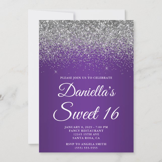 Invitation Dégradé de pourpre royal avec paillettes argentées (Devant)