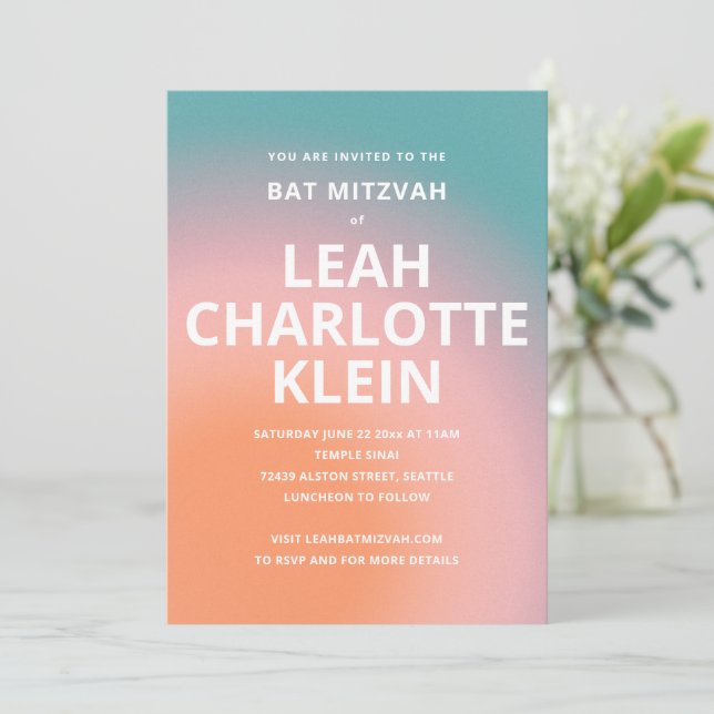 Invitation Dégradé d'ombre sarcelle pêche Bat Mitzvah Nom Gra (Debout devant)