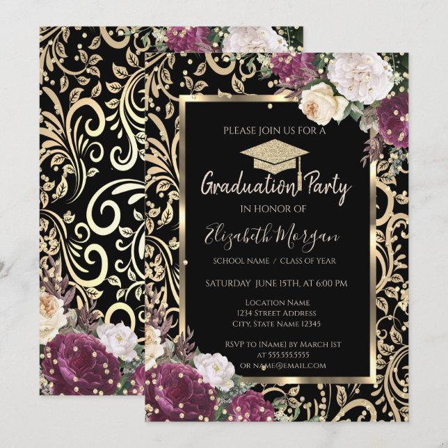 Invitation Dégradé doré Diamants Fleurs Bourgogne Diplôme  (Devant / Derrière)