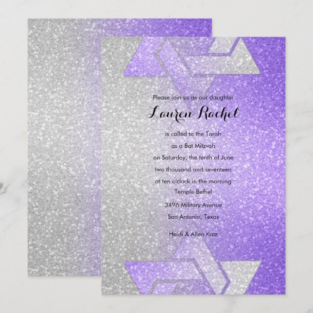 Invitation Dégradé Pailleté de Bat Mitzvah Violet (Devant / Derrière)