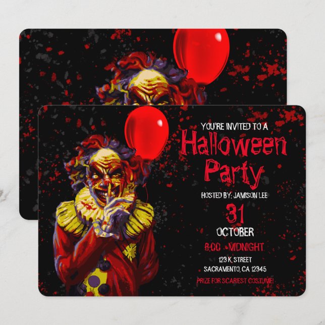 Invitation Déguisement de clown pour soirée Halloween effraya (Devant / Derrière)