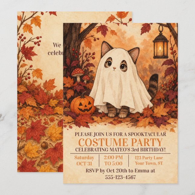 Invitation Déguisement de fantôme de chaton Halloween fête d' (Devant / Derrière)