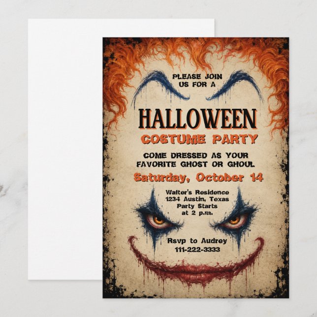 Invitation Déguisement d'Halloween de clown maléfique, fête e (Devant / Derrière)