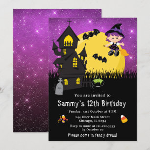 Invitation Déguisement Halloween Anniversaire Sorcière Violet