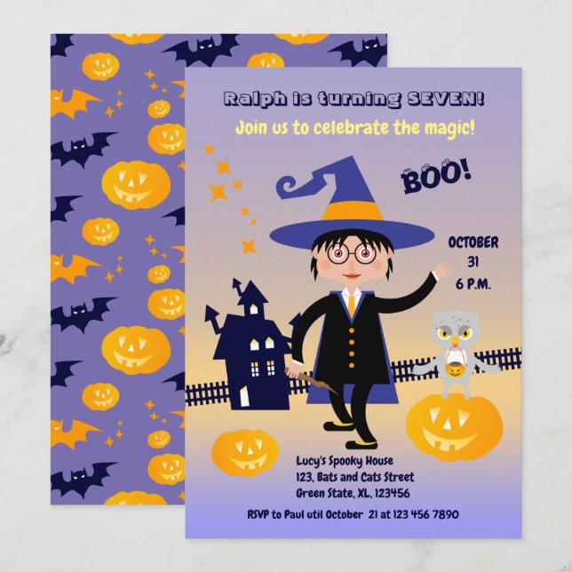 Invitation Déguisement Halloween Garçon Sorcier Anniversaire (Devant / Derrière)