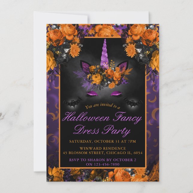 Invitation Déguisement Licorne Fleurs Halloween Élégant (Devant)
