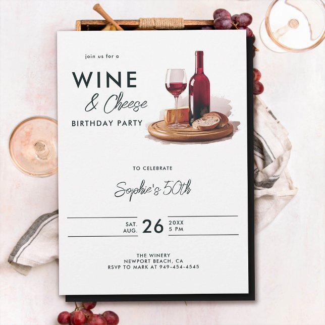 Invitation Dégustation de vin Cheese Winery Moderne 50e anniv (wine cheese birthday party invitation 50th fifty modern elegant watercolor)