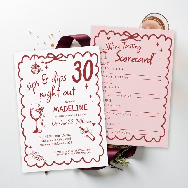 Invitation Dégustation de vin de Winery Night Out Chic 30e an (winery birthday invitation wine tasting scorecard red burgundy pink napa sonoma country)