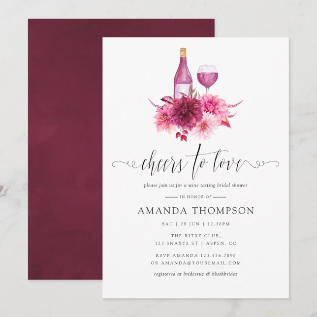 Invitation Dégustation de vins de Fête des mariées rose borde (Devant / Derrière)