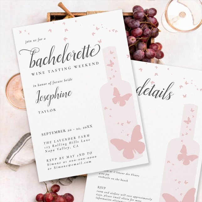 Invitation Dégustation De Vins Romantique Itinéraire Bachelor (wine tasting bachelorette weekend itinerary invitation pink bottle butterflies elegant simple classy)