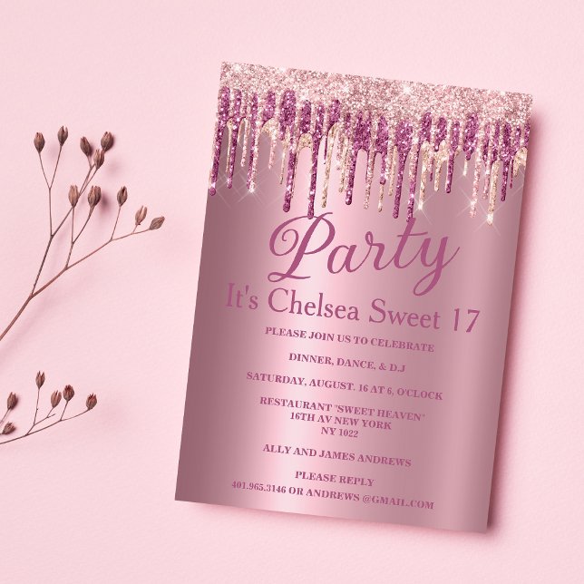 Invitation Dégustations de parties scintillant rose en or ros (Pink gradient rose gold glitter drips Sweet 17)