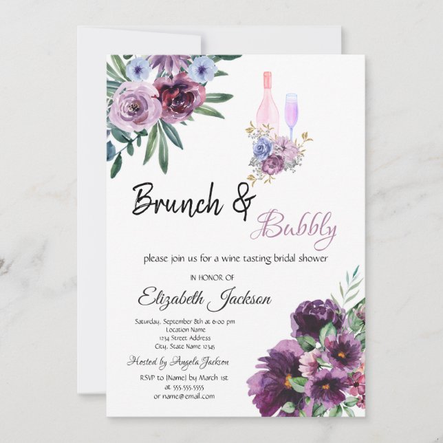 Invitation Déjeuner aux fleurs violettes et cocktail pour l'e (Devant)