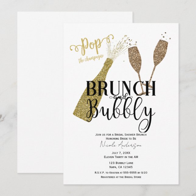 Invitation Déjeuner Champagne POP & Shower Mariée Pétillante (Devant / Derrière)