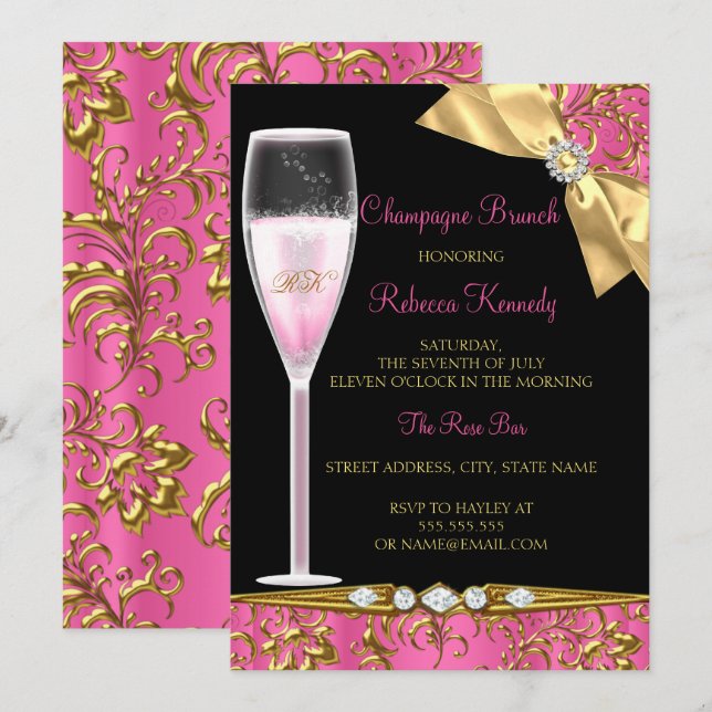 Invitation Déjeuner champagnisé élégant rose or damas (Devant / Derrière)