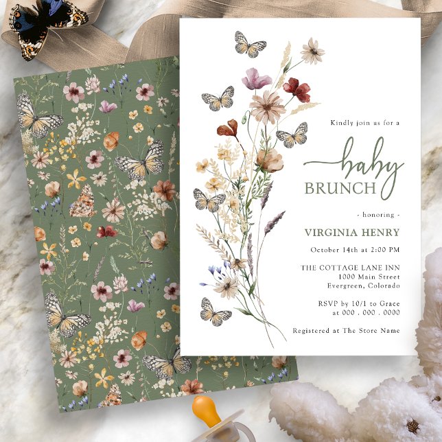 Invitation Déjeuner champêtre bébé aux fleurs sauvages Boho S (Sage Green Boho Wildflower Baby Brunch Invitation with Butterflies by Painted Paperie
)