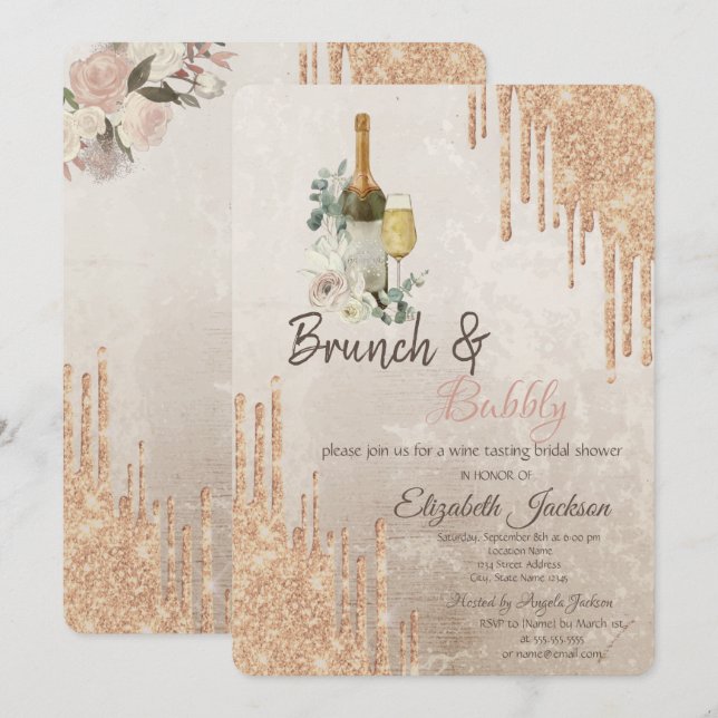 Invitation Déjeuner Chic Drips Brunch & Bubbly Shower de mari (Devant / Derrière)