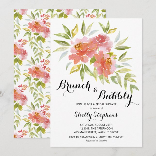 Invitation Déjeuner Chic et Mariage Élégant avec Fleurs et Bu (Devant / Derrière)