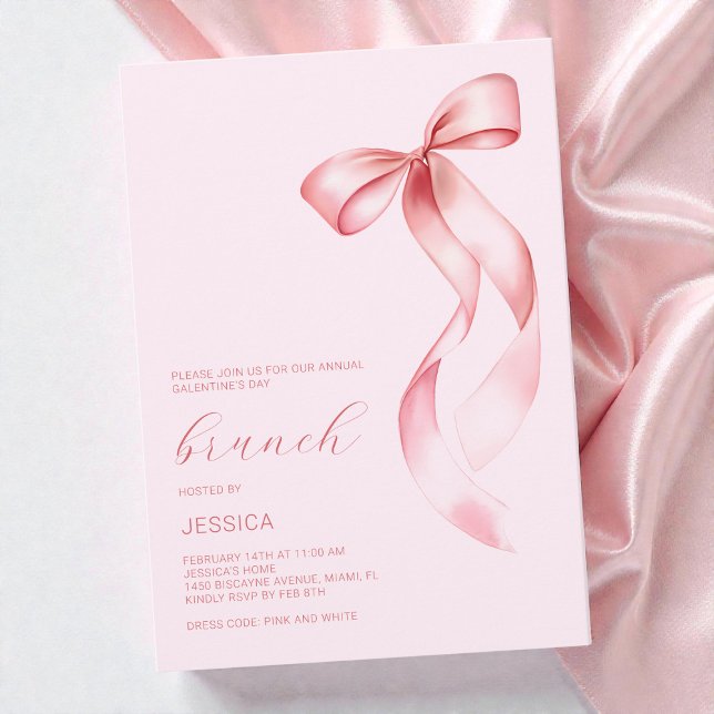 Invitation Déjeuner chic rose à nœud papillon pour la Saint-V (Chic Pink Bow Girly Galentine's Day Brunch Party Invitation)