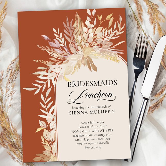 Invitation Déjeuner d'affaires avec Bridesservatrices en Arc  (Bridesmaids Luncheon invite in terracotta with modern wedding arch framed with neutral fall leaves)