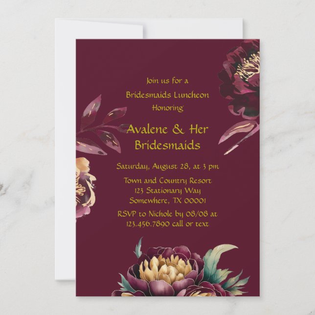 Invitation Déjeuner d'affaires Marsala Red and Gold Peony (Devant)