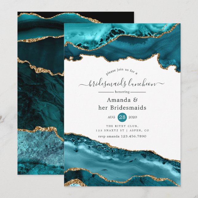 Invitation Déjeuner d'affaires turquoise et Gold Agate (Devant / Derrière)