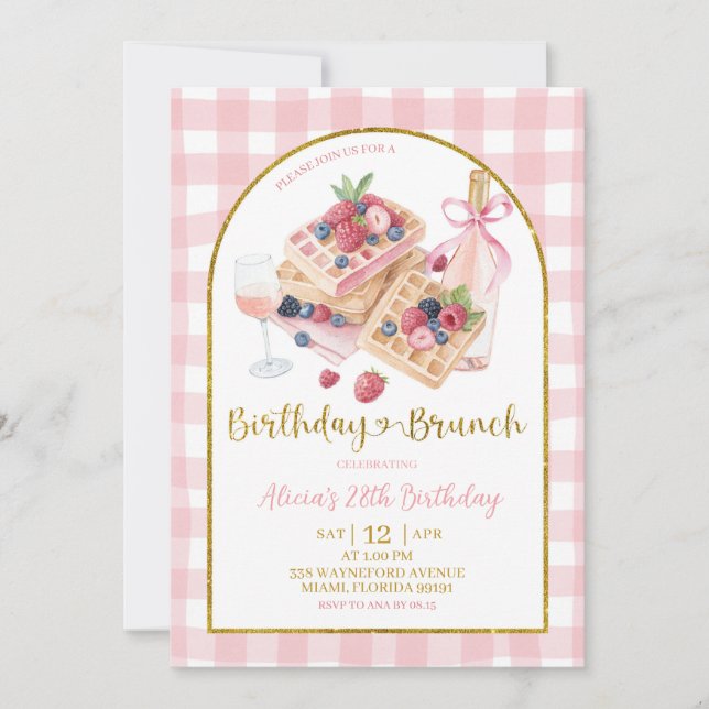 Invitation Déjeuner d'anniversaire Coquette Gingham Rose Waff (Devant)