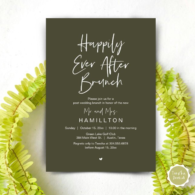 Invitation Déjeuner de conte de fées, fête de mariage intime (Happily Ever After Brunch The Morning After Invitation Card PDF Newlyweds in Rustic Olive Green)