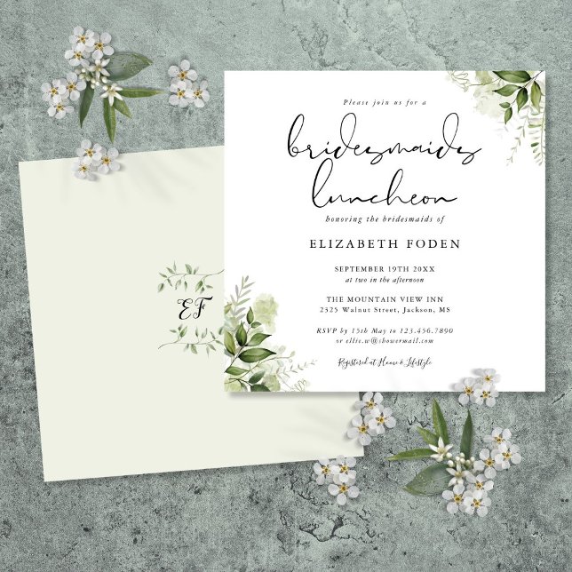 Invitation Déjeuner de demoiselles d'honneur avec monogramme  (Greenery Floral Monogram Bridesmaids Luncheon Invitation)