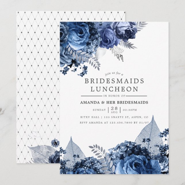 Invitation Déjeuner de demoiselles d'honneur Navy & Blanc ave (Devant / Derrière)