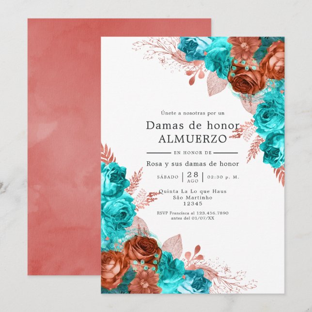 Invitation Déjeuner de demoiselles d'honneur turquoise et cor (Devant / Derrière)