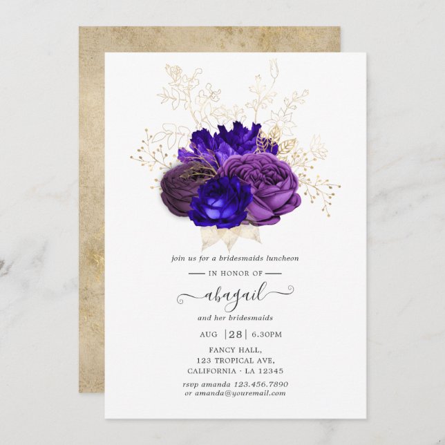 Invitation Déjeuner de demoiselles d'honneur violet, bleu roy (Devant / Derrière)