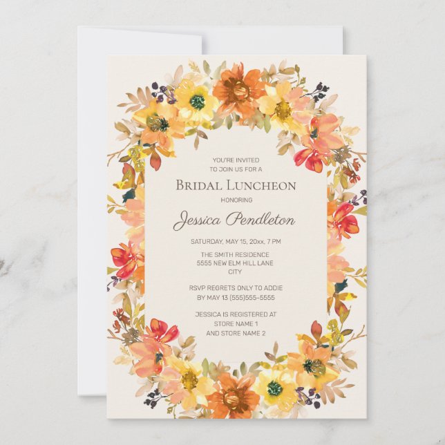Invitation Déjeuner de douche de mariée Orange Jaune Floral d (Devant)