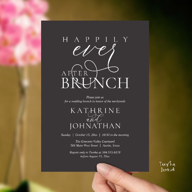 Invitation Déjeuner de Félicitations Après l'Élopement de Mar (Happily Ever After Brunch Post Wedding Elopement Reception Invitation Card in Charcoal Grey)