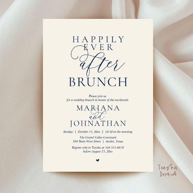 Invitation Déjeuner de Félicité Éternelle, Mariage Élégant Mo (Happily Ever After Brunch, Modern Elegant Wedding Farewell Invitation card in navy blue and ivory)