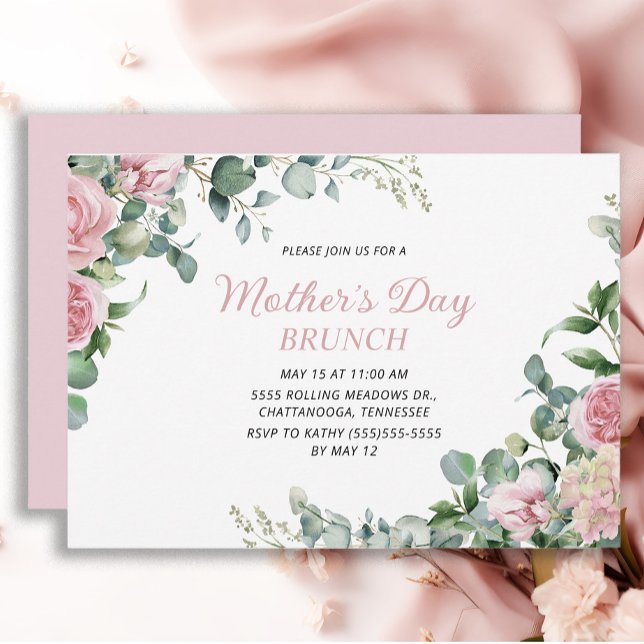 Invitation Déjeuner de la fête des mères aux fleurs roses (Pink roses Mother's Day Brunch invitation)