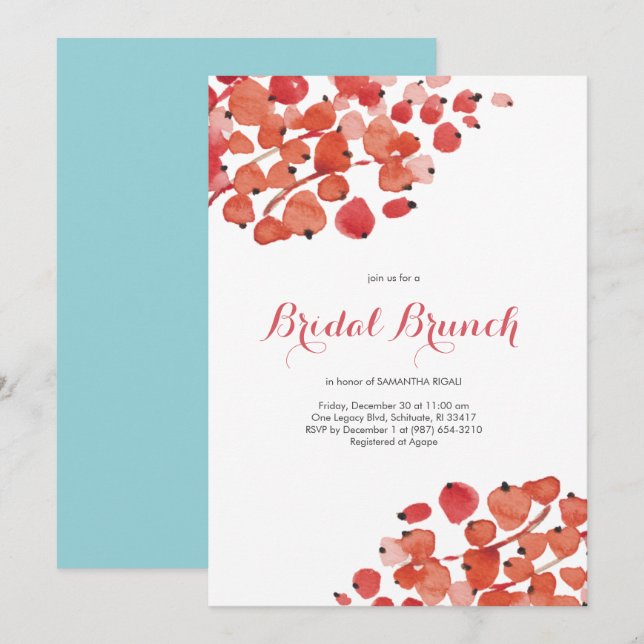 Invitation Déjeuner de Mariage Aquarelle Baies Rouges Fête de (Devant / Derrière)