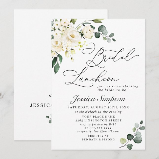 Invitation Déjeuner de mariage aux élégantes roses blanches d (Devant / Derrière)