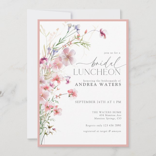 Invitation Déjeuner de mariage aux fleurs roses élégantes et  (Devant)