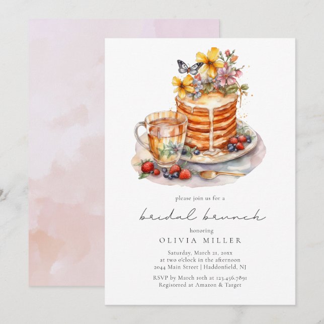 Invitation Déjeuner de mariage aux pancakes à l'aquarelle  (Devant / Derrière)