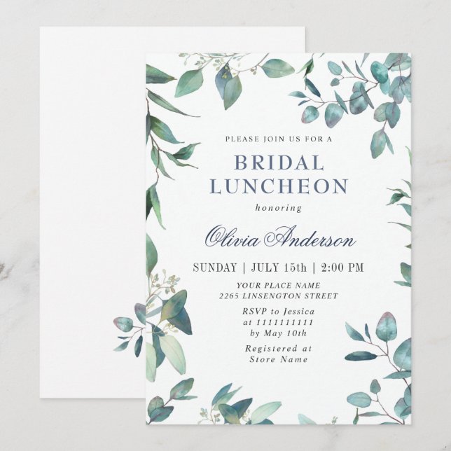 Invitation Déjeuner de mariage avec eucalyptus en aquarelle (Devant / Derrière)