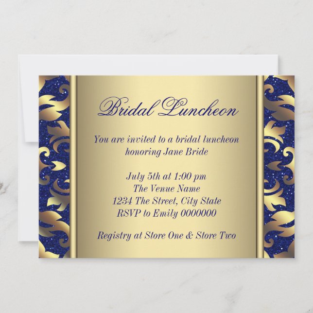 Invitation Déjeuner de mariage bleu royal et or (Devant)
