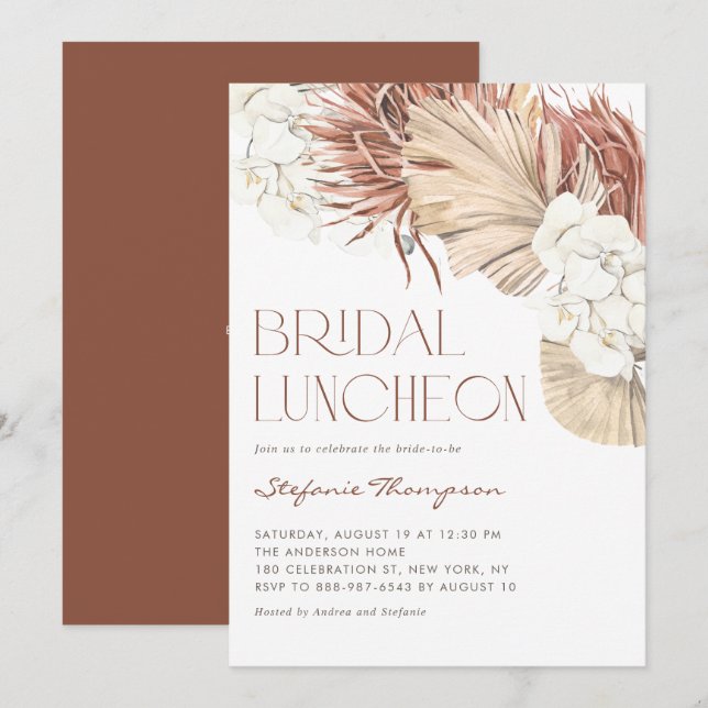 Invitation Déjeuner de mariage Bohème Orchidées et Feuilles d (Devant / Derrière)