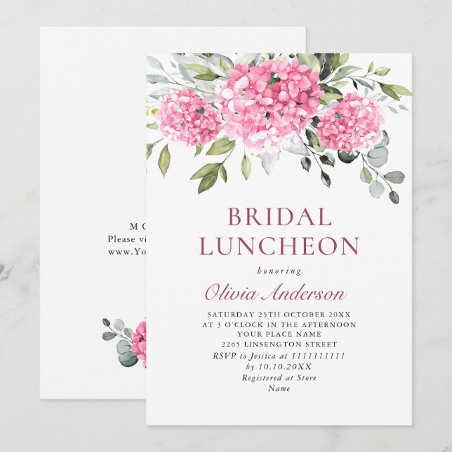 Invitation Déjeuner de mariage élégant à l'aquarelle Hydrange (Devant / Derrière)