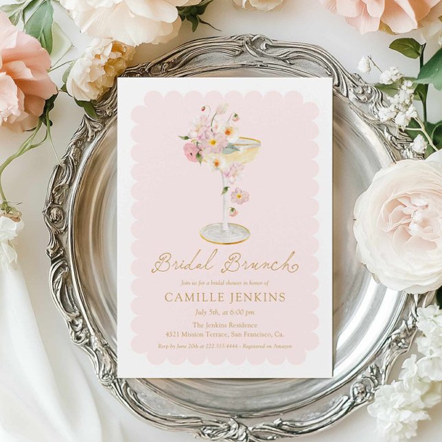 Invitation Déjeuner de mariage élégant aux fleurs roses (Pink Floral Bridal Brunch Invitation)