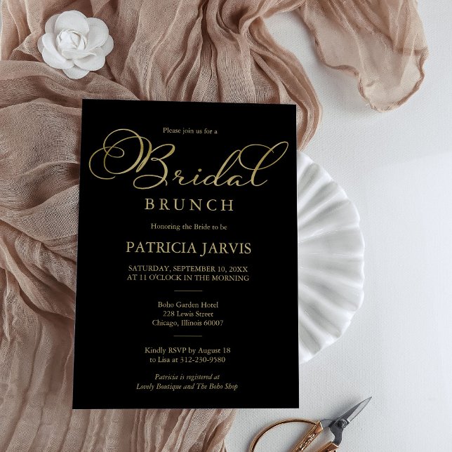 Invitation Déjeuner de mariage élégant noir et or (Créateur téléchargé)