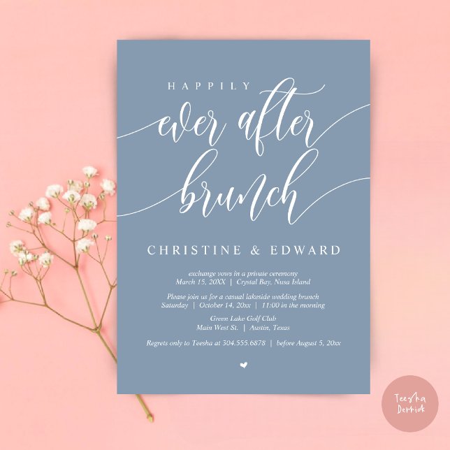 Invitation Déjeuner de mariage intime Happily Ever After, ble (Happily Ever After Elopement Brunch Invitation Card, Post-wedding, PDF, in Dusty Blue)