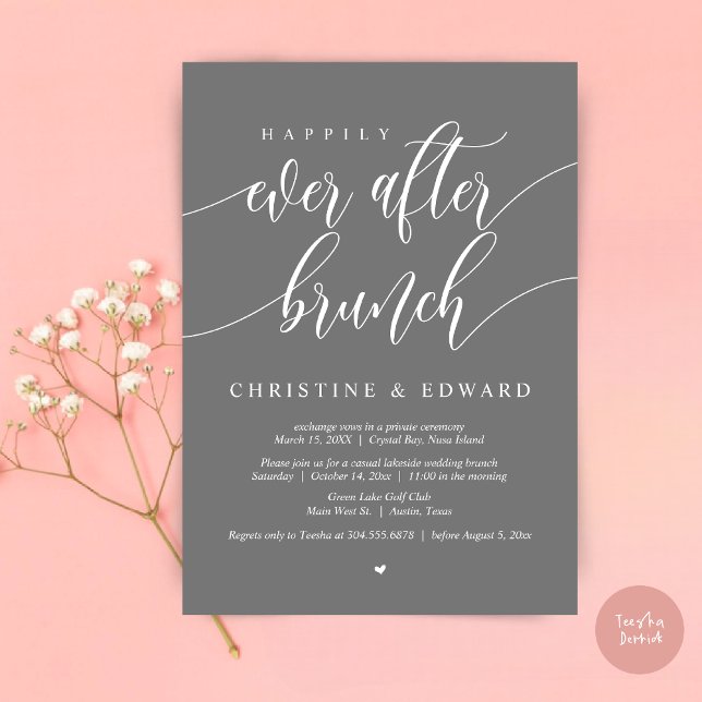 Invitation Déjeuner de mariage intime Happily Ever After, Gri (Happily Ever After Elopement Brunch Invitation Card, Post-wedding, PDF, in Dark Grey)
