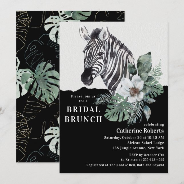 Invitation Déjeuner de mariage tropical au zèbre aquarelle (Devant / Derrière)