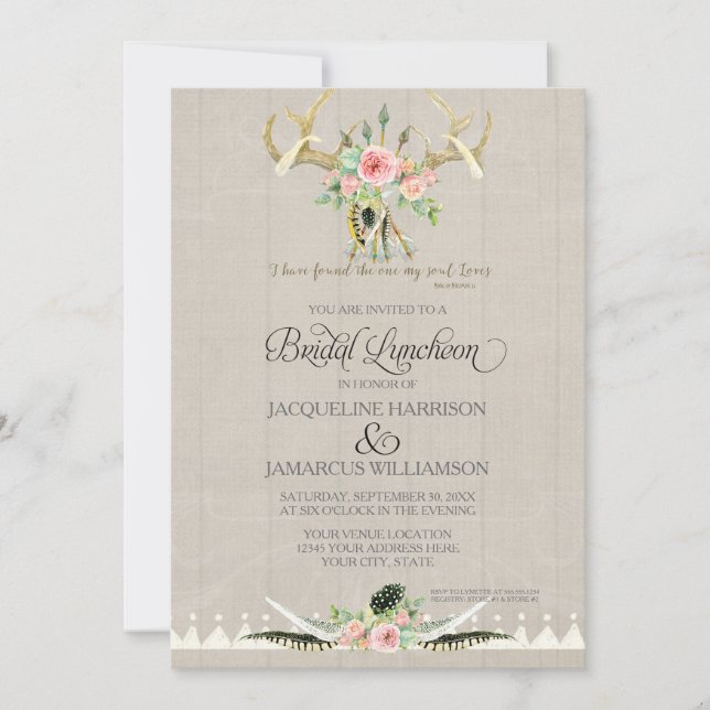 Invitation Déjeuner de mariée BOHO Feather Deer Antler Art Ro (Devant)