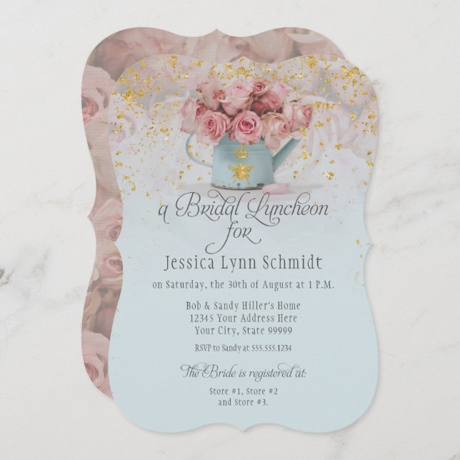 Invitation Déjeuner de mariée Floral Dusty Blue Rose (Devant / Derrière)